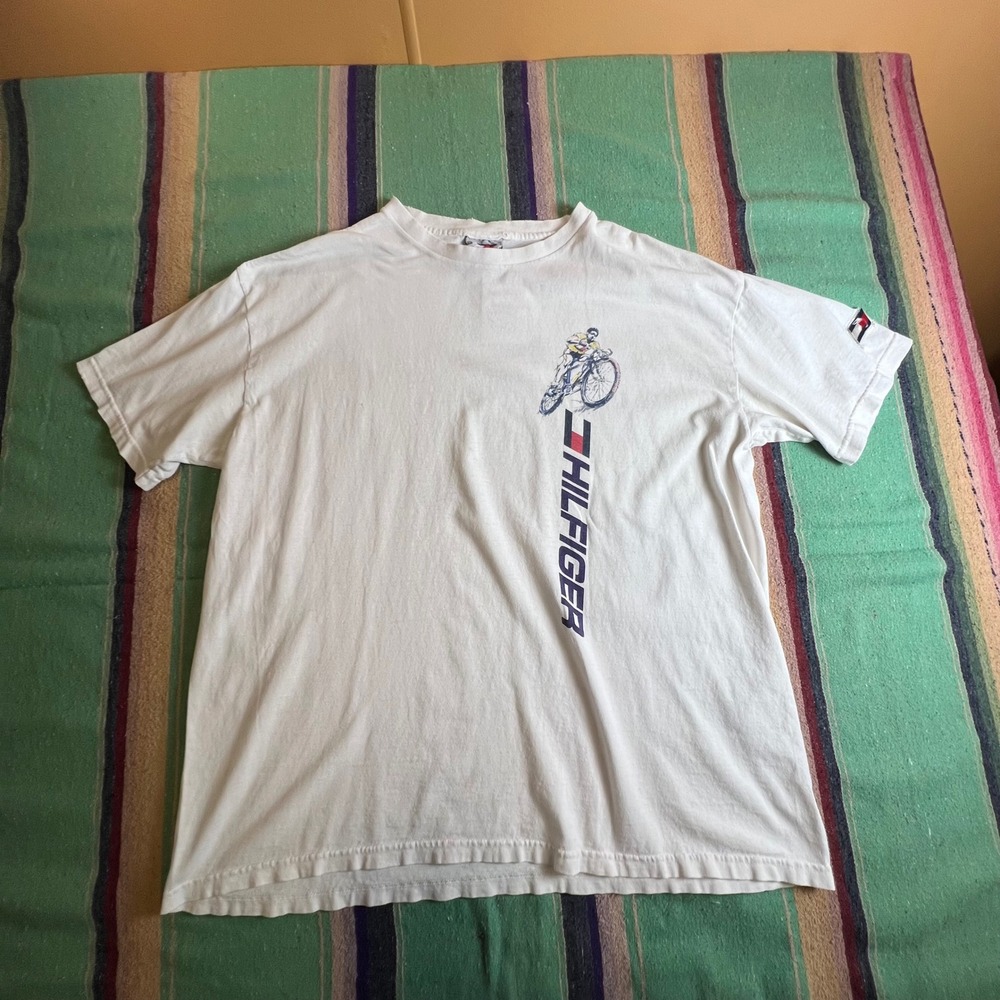 Tommy Hilfiger T-Shirt Mens L White Graphic Athletics Vintage 90s Made In USA